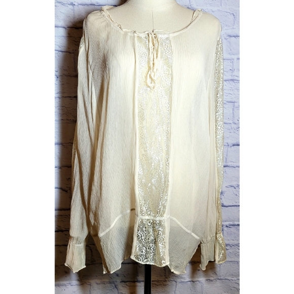 Venezia Jean Bohemian Scoop Tie Neck Lace Detail Sheer Beige Plus Size 26/28 - Picture 1 of 12